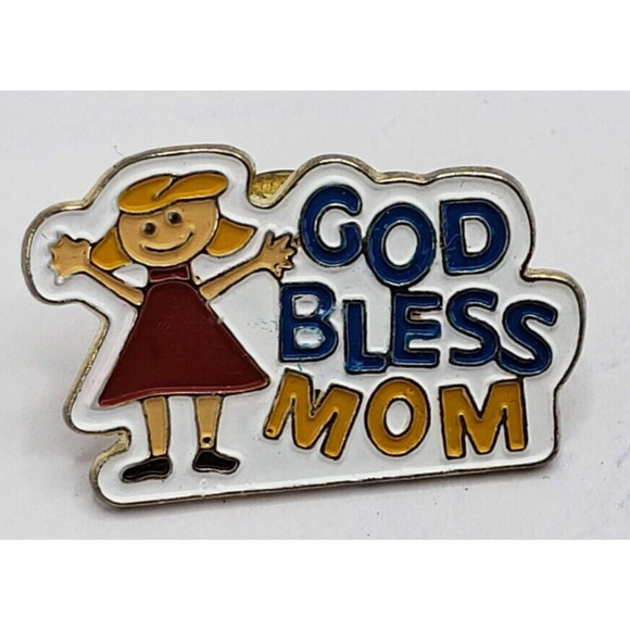 God Bless Mom Script Cartoon Woman Enamel Tie Lapel Pin - Picture 1 of 5
